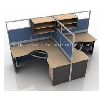 5 FEET CLUSTER OF 2 L-SHAPE HALF GLASS CUBICLE WORKSTATION WITH HANGING CABINET, KEYBOARD TRAY & FIXED PEDESTAL 3D - 2L16