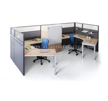 4 FEET CLUSTER OF 2 Y-SHAPE HALF POLYCARBONATE CUBICLE WORKSTATION WITH METAL N-LEG & MEDIUM CABINET - 2L27