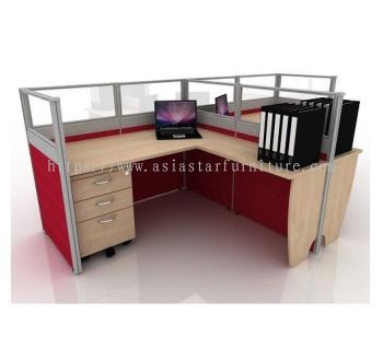 5 KAKI 2 KLUSTER BENTUK L PARTITION PEJABAT KACA DENGAN LACI BERODA 2D1F - 2L19