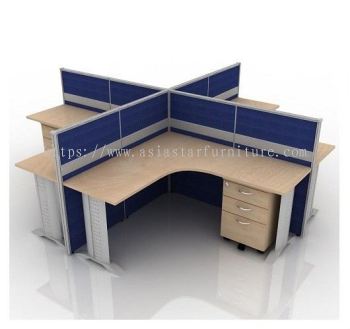 5 FEET CLUSTER OF 4 L-SHAPE FULL BOARD CUBICLE WORKSTATION PARTITION WITH METAL J-LEG & MOBILE PEDESTAL DRAWER 2D1F - 4L14