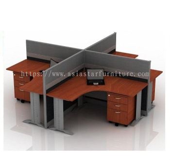 5 FEET CLUSTER OF 4 L-SHAPE FULL BOARD CUBICLE WORKSTATION PARTITION WITH METAL J-LEG & MOBILE PEDESTAL DRAWER 2D1F - 4L23