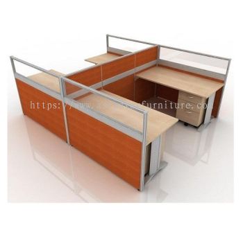 5 FEET CLUSTER OF 4 RECTANGULAR HALF GLASS CUBICLE WORKSTATION PARTITION WITH METAL J-LEG & MOBILE PEDESTAL DRAWER 2D1F - 4L9