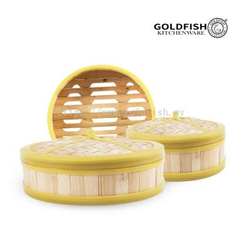 Bamboo Steamer With Yellow Rubber Frame & Lid