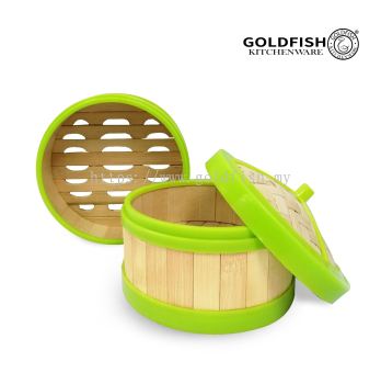 Bamboo Steamer With Green Rubber Frame & Lid