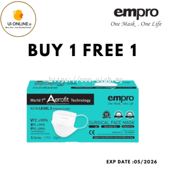 EMPRO AEROFIT S SERIES 3 PLY SURGICAL FACE MASK 50's-WHITE -*BUY 1 FREE 1* (EXP 05/2026)