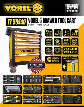 VOREL 6-DRAWER ROLLER TOOL CART WITH 177PCS TOOLS - YT-58540
