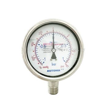 AUTOMA Fully Stainless Steel Compound Pressure Gauge (-1Bar to +1Bar) 4"/100mm Dial 1/2"