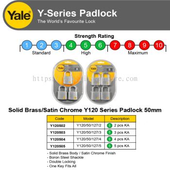 YALE Y SERIES PAD LOCK SOLID BRASS:SATIN CHROME Y120 PAD LOCK 50MM