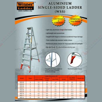 WINNER LADDER BRAND ALUMINIUM SINGLE SIDE LADDER - WSS04 WSS05 WSS06 WSS07 WSS08 WSS09 WSS10 WSS11 WSS12