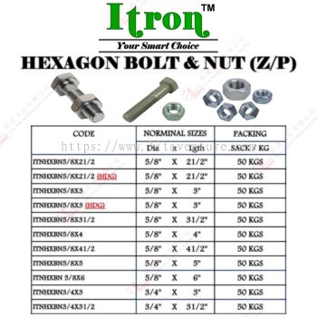 ITRON BRAND HEXAGON BOLT AND NUT - ITNHXBN58X212 ITNHXBN58X212HDG ITNHXBN58X3 ITNHXBN58X3HDG ITNHXBN58X312 ITNHXBN58X4 ITNHXBN58X412 ITNHXBN58X5 ITNHXBN58X6 ITNHXBN34X3 ITNHXBN3X312