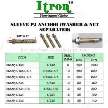 ITRON BRAND SLEEVE PJ ANCHOR - ITNSAPJ14X2 ITNSAPJ516X238 ITNSAPJ516X258 ITNSAPJ38X3 ITNSAPJ384X12 ITNSAPJ12X4 ITNSAPJ12X5