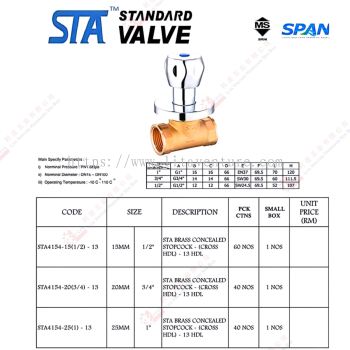 STA BRAND  BRASS CONCEALED STOPCOCK SIRIM - STA4154151213 STA4151203413 STA415125113