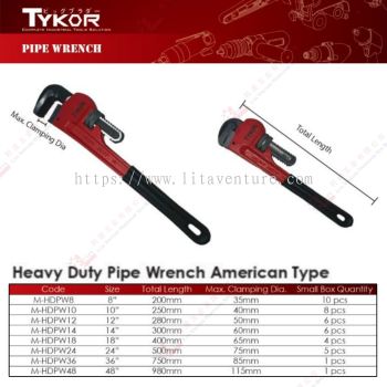 TYKOR BRAND HEAVY DUTY PIPE WRENCH AMERICAN TYPE -  MHDPW8 MHDPW10 MHDPW12 MHDPW14 MHDPW18 MHDPW24 MHDPW26 MHDPW36 MHDPW48