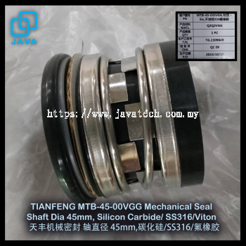 TIANFENG MTB-45-00VGG(TFD1-45/TFD) Mechanical Seal Shaft Dia 45mm, Silicon Carbide/ SS316/Viton