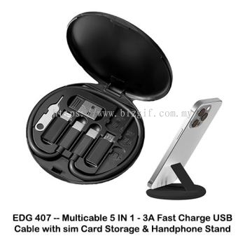 EDG407 -- Multicable 5 IN 1 - 3A Fast Charge USB cable with sim card storage and stand