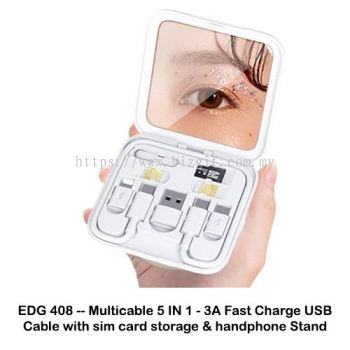 EDG408 --Multicable 6 in 1 - 3A Fast Charge USB Cable with Sim Card Storage - Mirror - Handphone stand