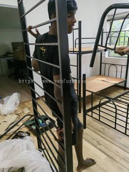 Metal Double Decker Bed Frame Katil Dua Tingkat Asrama | Plywood | Single Mattress Tilam Murah Asrama | Hostel Furniture Supplier | Penang | Kl | Perak | Kedah | Melaka