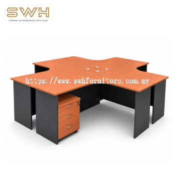 4 Seater L-Shape Office Workstation Table  (ECO Series - Cherry) | Office Furniture