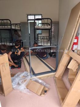 Heavy Duty Metal Double Decker Bed Set | High Resilient Foam Mattress Cotton Calico & Steel Locker Malaysia | Complete Heavy Duty Hostel Furniture Solution for Government, Military, Industrial & Commercial Accommodation | Deliver Penang, Perlis, Kedah , Perak, Selangor