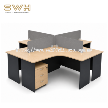 4 Seater L-Shape Office Workstation Table With Partition (ECO Series - Maple) | Office Furniture