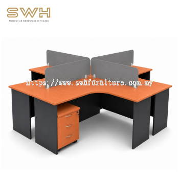 4 Seater L-Shape Office Workstation Table With Partition (ECO Series - Cherry) | Office Furniture