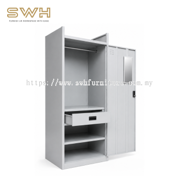 Heavy Duty Full Height Steel Wardrobe (SCM - 0011) - Metal Clothes Cabinet with Drawer & Mirror