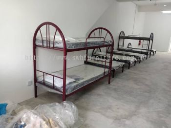 Heavy Duty Splitable Double Decker Metal Bed with Plywood Base | JTK Standard Worker Hostel Bed + Single Mattress | Foreign Worker Hostel Bed Malaysia