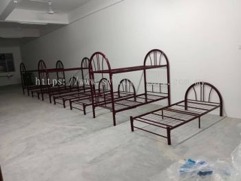 Heavy Duty Splitable Double Decker Metal Bed with Plywood Base | JTK Standard Worker Hostel Bed + Single Mattress | Foreign Worker Hostel Bed Malaysia