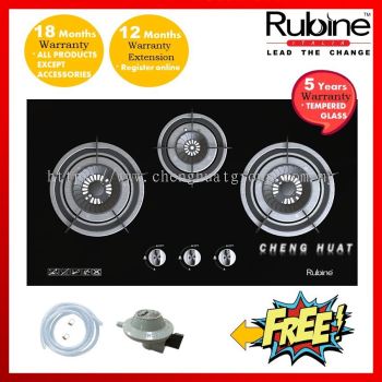 RUBINE TEMPERED GLASS GAS COOKER HOB RGH-VISTA3B-BL