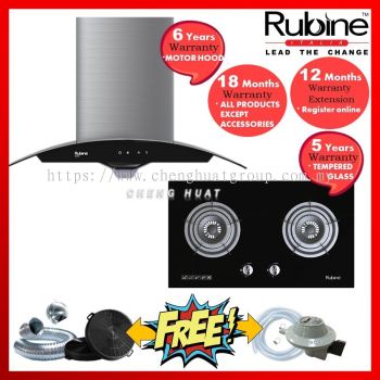 RUBINE STAINLESS STEEL HOOD RCH-MARIA-SS +  TEMPERED GLASS GAS HOB RGH-VISTA2B-BL