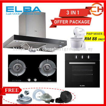 HOOD + HOB + BUILD IN OVEN PACKAGE 3 in 1 ELBA DESIGNER ELEGANTE CHIMNEY HOOD EH-H9027ST(SS) 1,400(m3/hr) + GLASS HOB