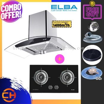 ELBA 1400M3/HR DESIGNER HOOD EH-J9088(SS) + 2 BURNER BUILT IN GLASS STOVE INFINITO EGH-F8582GX(BK) GLASS HOB