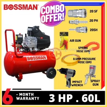 BOSSMAN 3HP 60LITRE 8Bar Pemampat Udara Didorong Terus Tawaran Set Kombo BAE3060