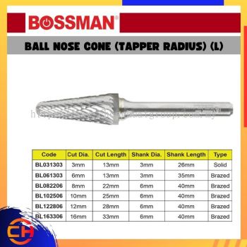 BOSSMAN TCT CARBIDE BURRS BL031303/ BL061303/ BL082206/ BL102506/ BL122806/ BL163306 KON HIDUNG BOLA ( RADIUS TAPPER ) - POTONGAN BERGANDA (L)