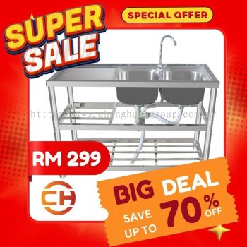 Commercial Sink, Stainless Steel Sink, Kitchen Wash Basin Stainless Steel, Multi Functional 2-Layer Shelf with Support for Vegetable Washing Basin 120x45 Double Sink With Stand  **RM 299**