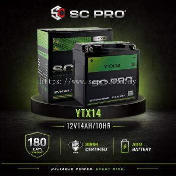 YTX14-BS SC PRO - BATERI CBR 1000xx/Shadow/XRV 750/NV750/ RX350/ST1100/TRX 850/Vulcan VN800/ Harley Davidson XLH Sportster/ Triumph TIGER 800/Kawasaki ZX-12R / Ninja XR14