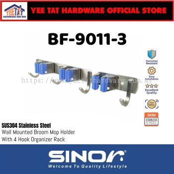 [ SINOR ] BF-9011-3 3-Slot SUS304 Stainless Steel Wall-Mounted Broom Holder And 4 Hook Organizer Rack