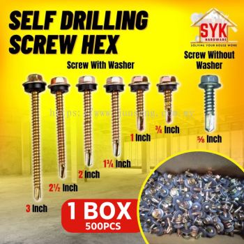 SYK Self Drilling Screw Hex With Screw Washer Without Washer 1Box 500Pcs 1000Pcs Hex Screw Home Diy Tools Skru Washer