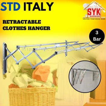 SYK STD Italy Retractable Clothes Hanger 3 Bar Wall Mounted Clothes Drying Rack Wall Ampaian Sidai Baju