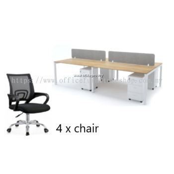 Full Set Office Workstation Table Cluster Of 4 Seater | Office Cubicle | Office Mesh Chair IPWT4-M2