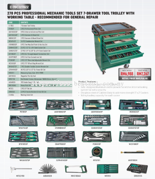 278PCS PROFESSIONAL MECHANIC TOOLS SET 7-DRAWER TOOL TROLLEY WITH WORKING TABLE C-7DC2278ZZ