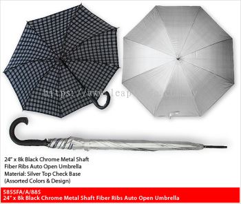 24” x 8k Black Chrome Metal Shaft Fiber Ribs Auto Open Umbrella