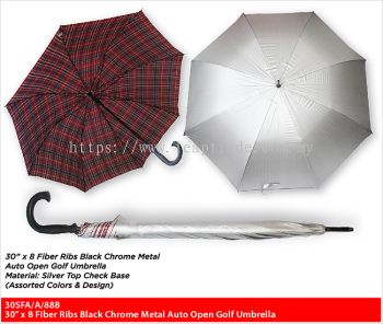 30” x 8 Fiber Ribs Black Chrome Metal Auto Open Golf Umbrella