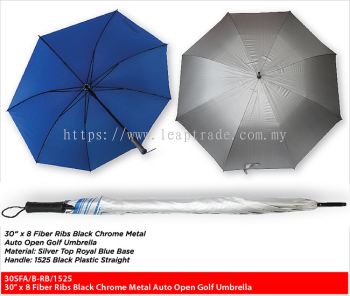 30” x 8 Fiber Ribs Black Chrome Metal Auto Open Golf Umbrella