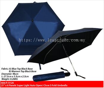 21" x 6 Panels Super Light Auto Open/Close 3 Fold Umbrella