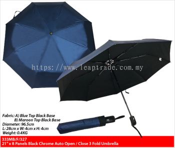 21" x 8 Panels Black Chrome Auto Open/Close 3 Fold Umbrella