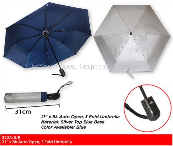 21" x 8K Auto Open, 3 Fold Umbrella