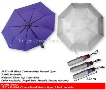 21.5" x 8k Black Chrome Metal Manual Open, 3 Fold Umbrella