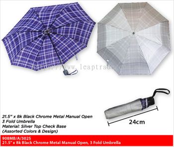 21.5" x 8k Black Chrome Metal Manual Open, 3 Fold Umbrella