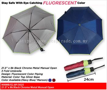 21.5" x 8k Black Chrome Metal Manual Open 3 Fold Umbrella